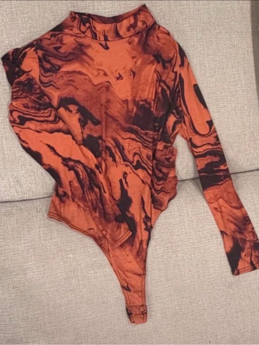 Boohoo Orange and Black Marble-Print Long Sleeve Bodysuit